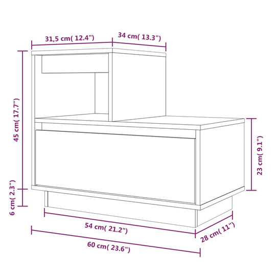 Dimensions diagram of affordable bedside cabinets 60x34x51 cm with drawer and compartment for quality storage, made from solid pine wood.