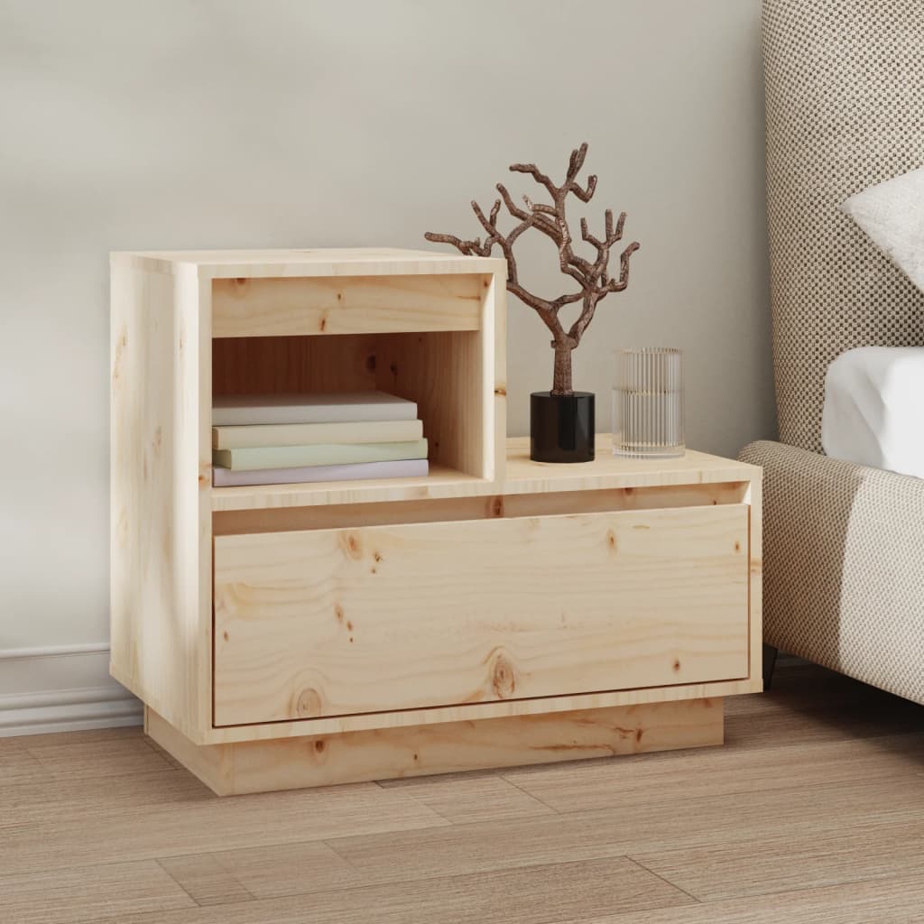 Affordable quality bedside cabinet in solid pine wood with 1 drawer and 1 compartment, offering ample storage space and rustic charm.