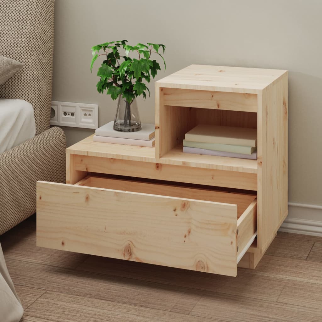 Affordable solid pine wood bedside cabinet with drawer and compartment for quality and value storage in bedroom.