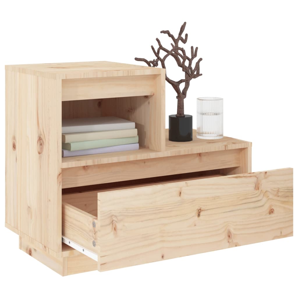 Affordable quality bedside cabinet in solid pine wood with 1 open shelf, drawer, and decorative items, perfect for stylish storage.