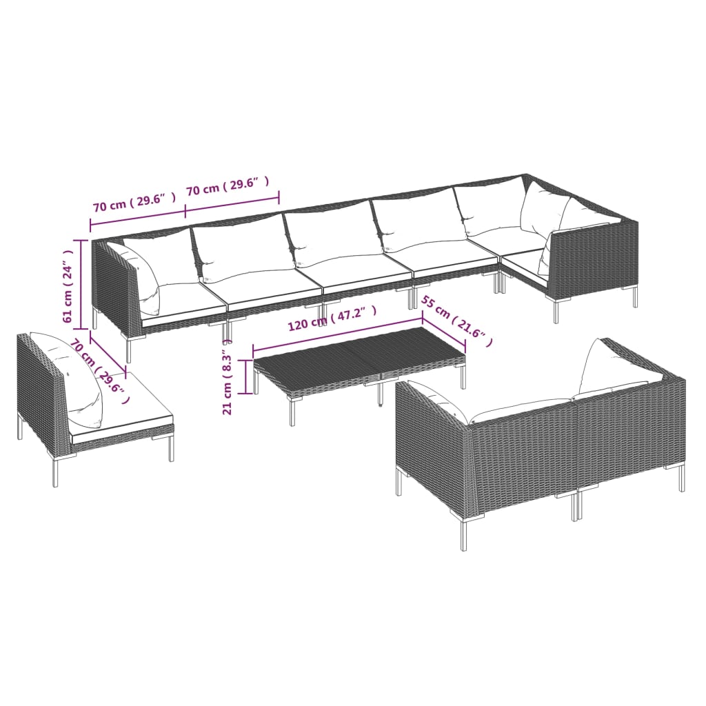 10 Piece Garden Lounge Set with Cushions Poly Rattan Dark Grey