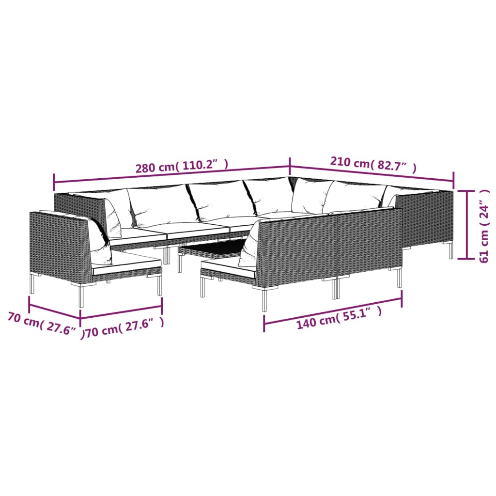 10 Piece Garden Lounge Set with Cushions Poly Rattan Dark Grey