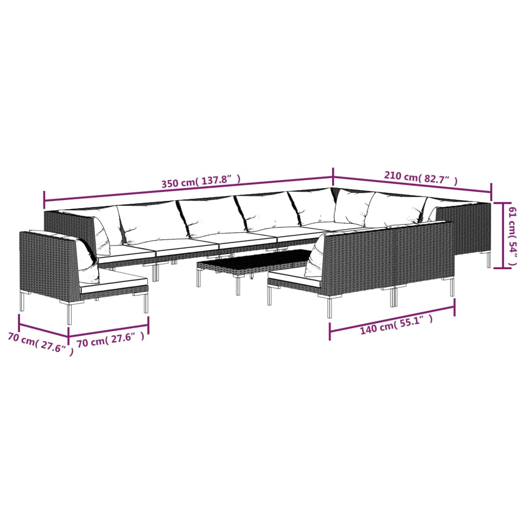 11 Piece Garden Lounge Set with Cushions Poly Rattan Dark Grey