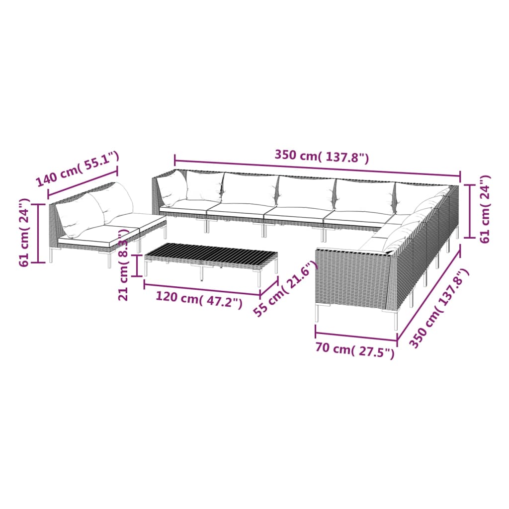 12 Piece Garden Lounge Set with Cushions Poly Rattan Dark Grey