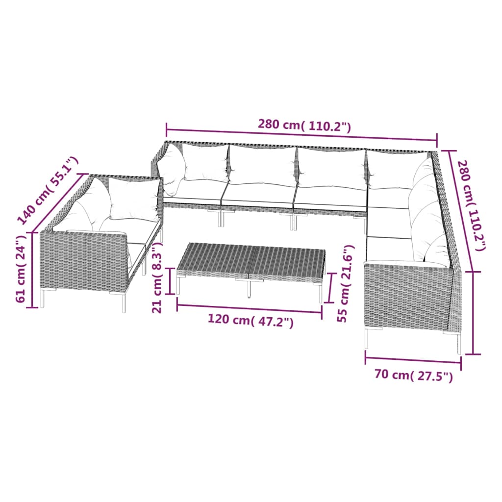 10 Piece Garden Lounge Set with Cushions Poly Rattan Dark Grey