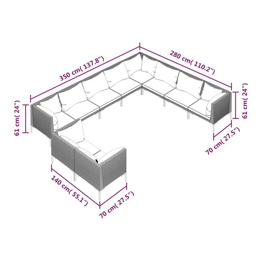 10 Piece Garden Lounge Set with Cushions Poly Rattan Dark Grey