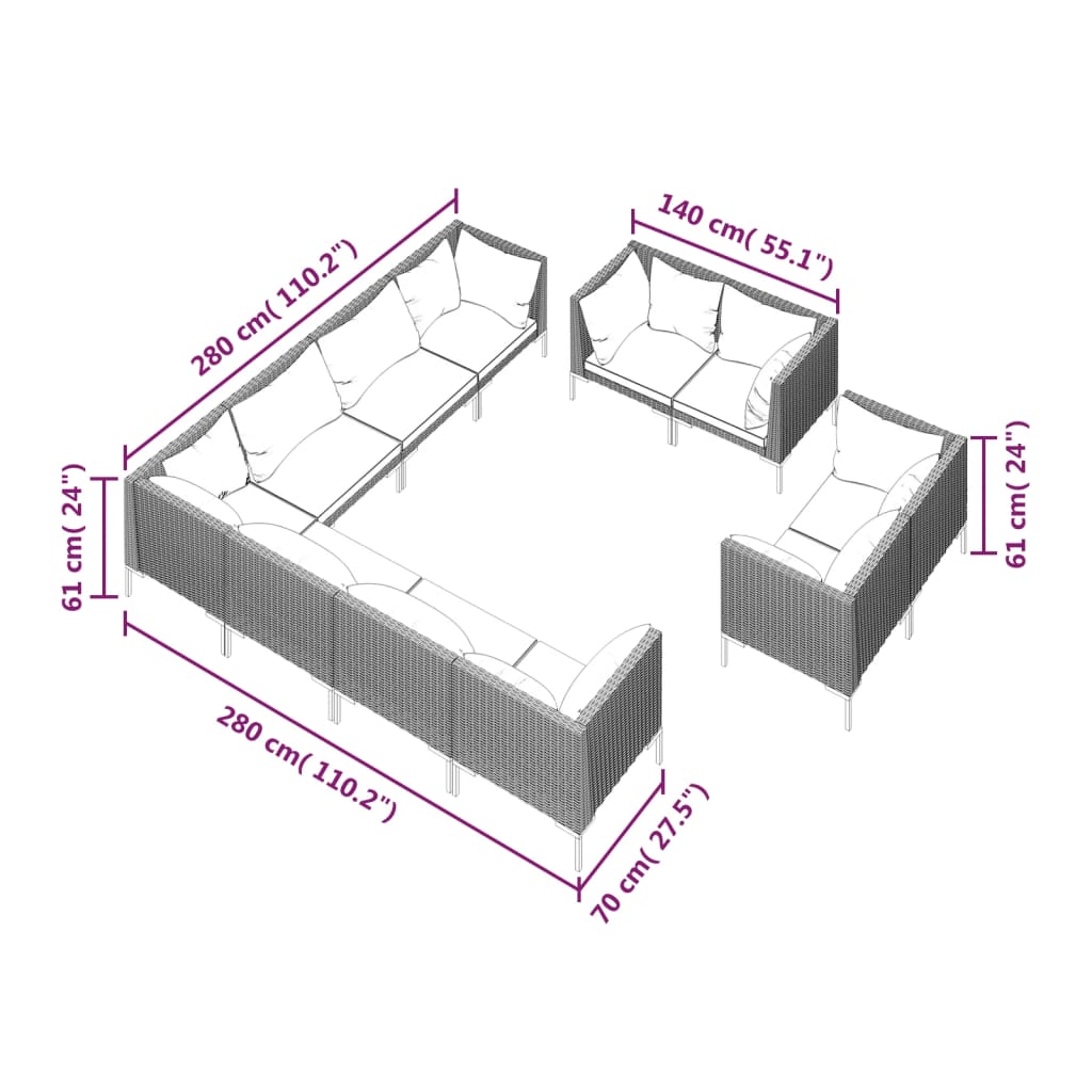 11 Piece Garden Lounge Set with Cushions Poly Rattan Dark Grey