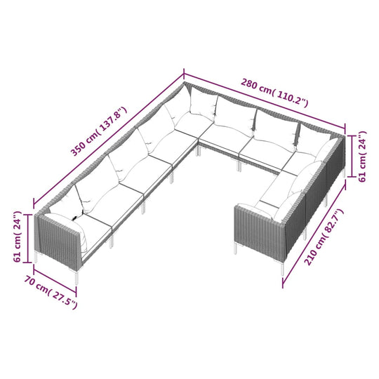 10 Piece Garden Lounge Set with Cushions Poly Rattan Dark Grey