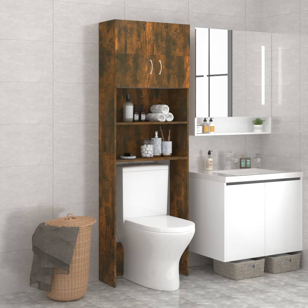 Affordable quality smoked oak washing machine cabinet with ample storage, perfect for organizing bathroom essentials.