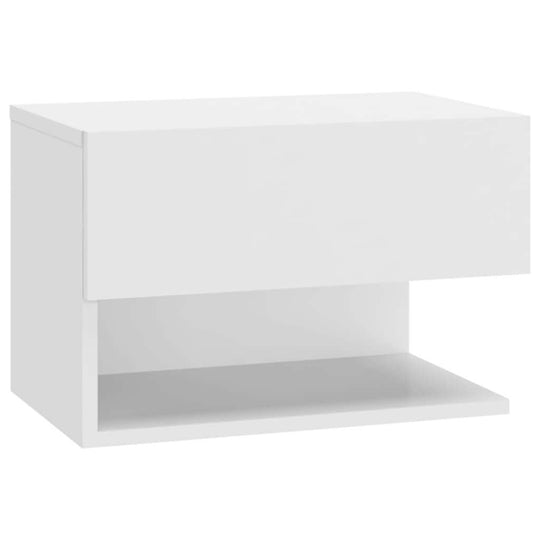 Wall-mounted white bedside cabinet with a sleek design, offering affordable and quality storage solution for maximizing floor space.