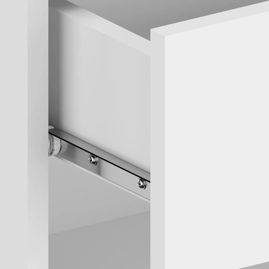 Close-up view of quality white wall-mounted bedside cabinet's internal structure, showing sturdy build and design for affordable and cheap storage solution.