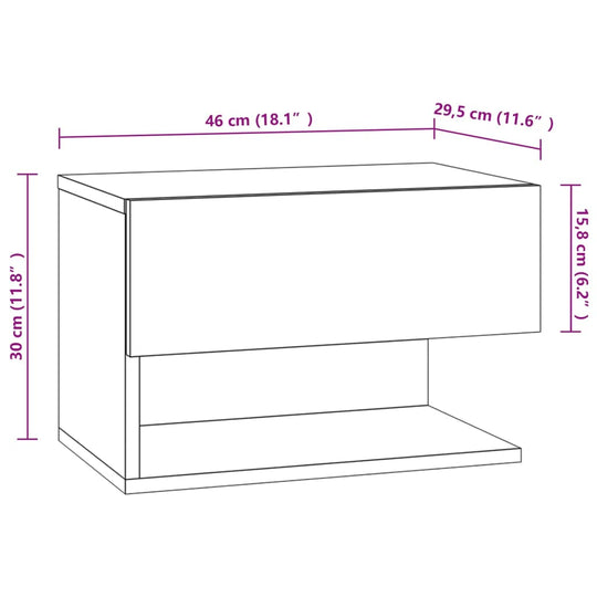 Diagram of affordable wall-mounted bedside cabinet with measurements, showcasing dimensions of 46 cm width, 30 cm height, and 29.5 cm depth