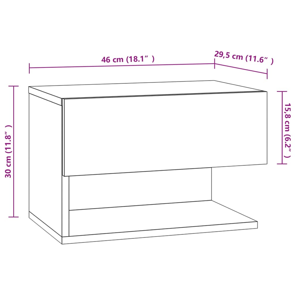 Dimensions diagram for wall-mounted bedside cabinets in black, showing measurements in centimeters and inches. Affordable and quality designs.