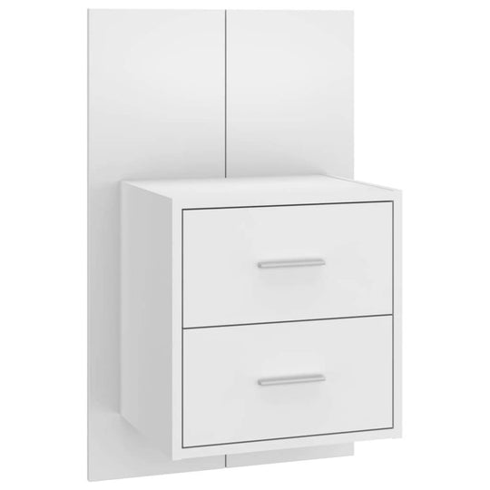 Wall-mounted high gloss white bedside cabinet with two drawers, offering affordable, cheap, quality storage for your living space.