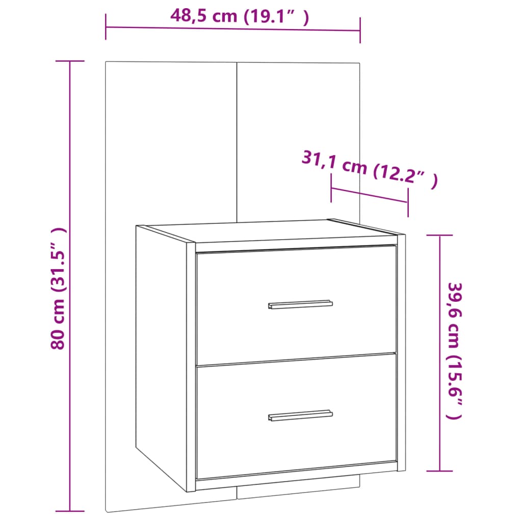 Dimensions of wall-mounted bedside cabinet, 48.5 cm width, 80 cm height, 31.1 cm depth, two drawers, High Gloss White, affordable quality.