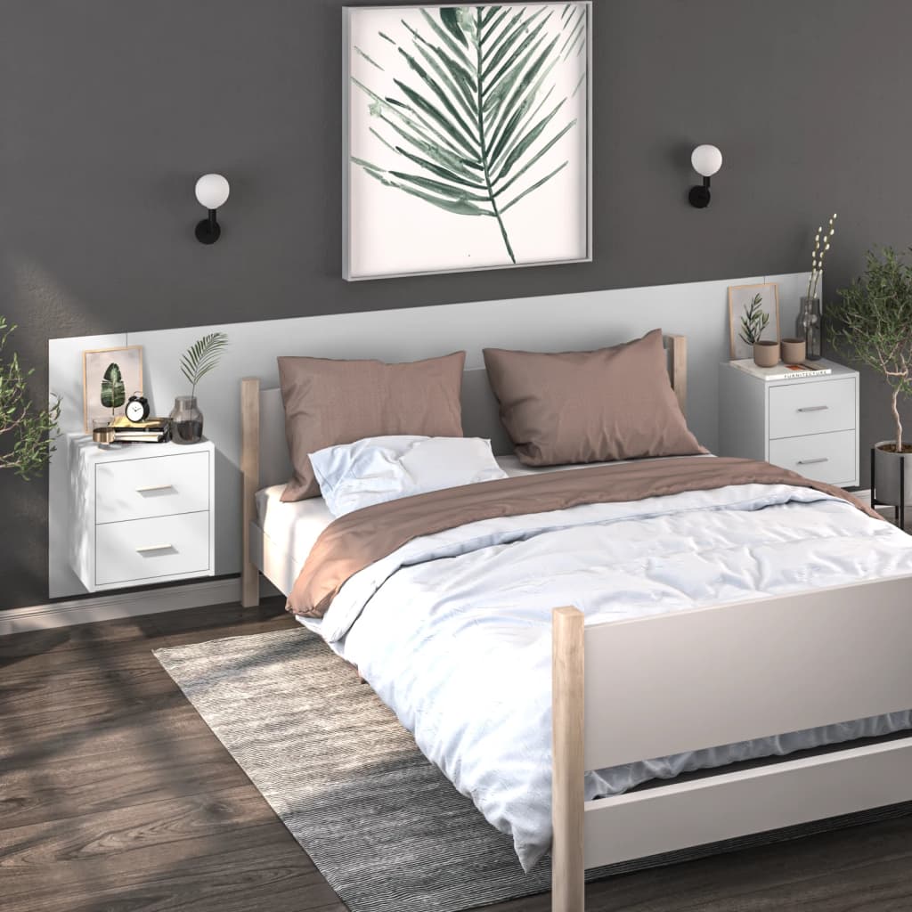 Wall-mounted Bedside Cabinets 2 pcs High Gloss White in modern bedroom, maximizing space with a clean floor, offering affordable quality and value.