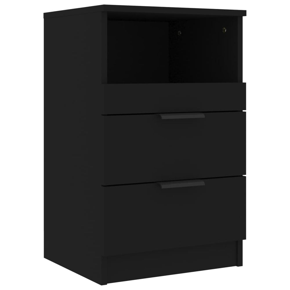 Affordable quality black bedside cabinet with 2 drawers and 1 compartment, engineered wood, elegant design, cheap and value for money.