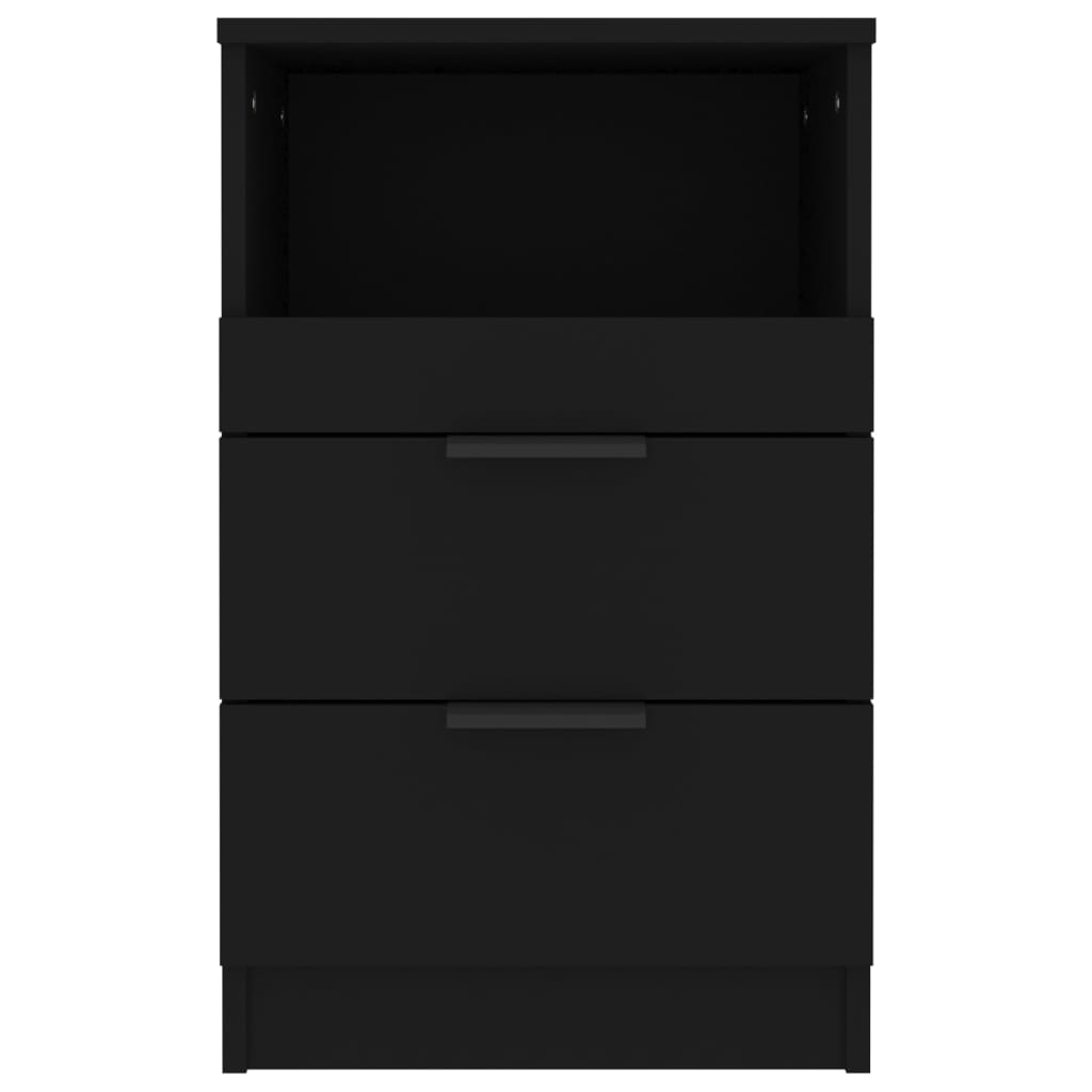 Black bedside cabinet made of quality engineered wood with 2 drawers and 1 compartment, offering affordable and cheap storage options.