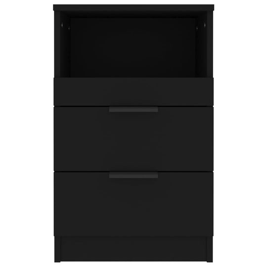 Black bedside cabinet made of quality engineered wood with 2 drawers and 1 compartment, offering affordable and cheap storage options.