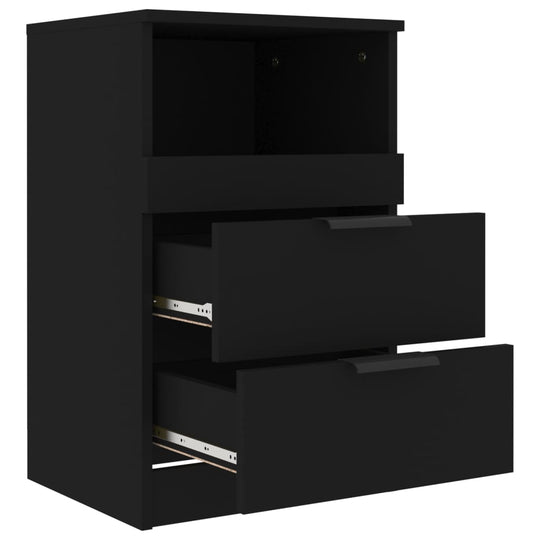 Black bedside cabinet made of quality engineered wood, featuring two open drawers and one compartment, offering affordable and cheap storage solutions.