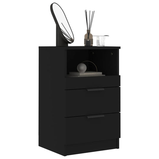 Affordable black bedside cabinet with engineered wood, includes 2 drawers and 1 compartment for ample storage and easy cleaning. Quality value meubelen