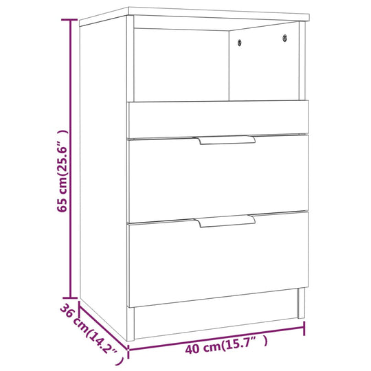 Bedside cabinet with 2 drawers and 1 compartment in black engineered wood, dimensions 65cm H x 40cm W x 36cm D.