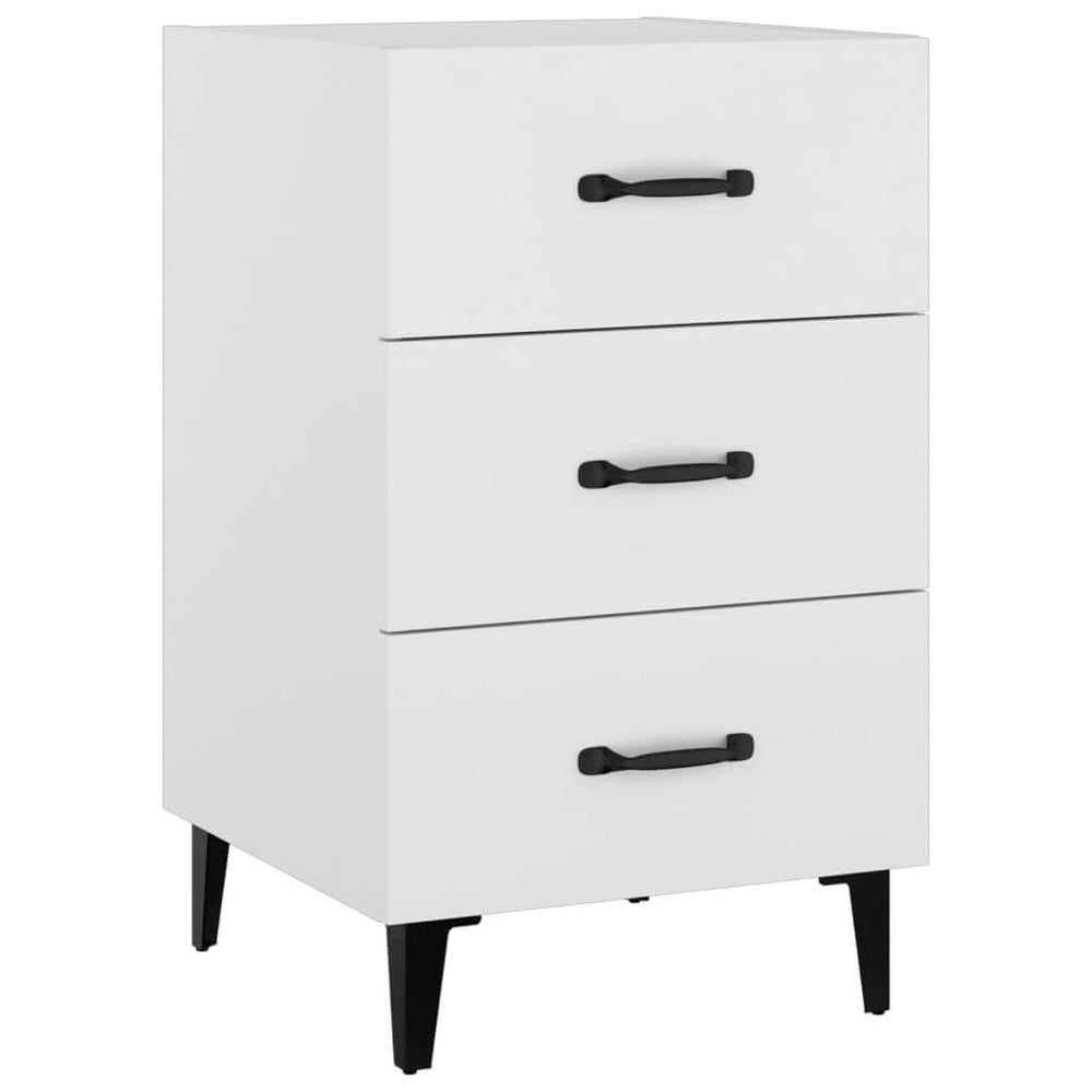 Affordable quality white bedside cabinet with 3 drawers and black handles made of engineered wood, 40x40x66 cm.