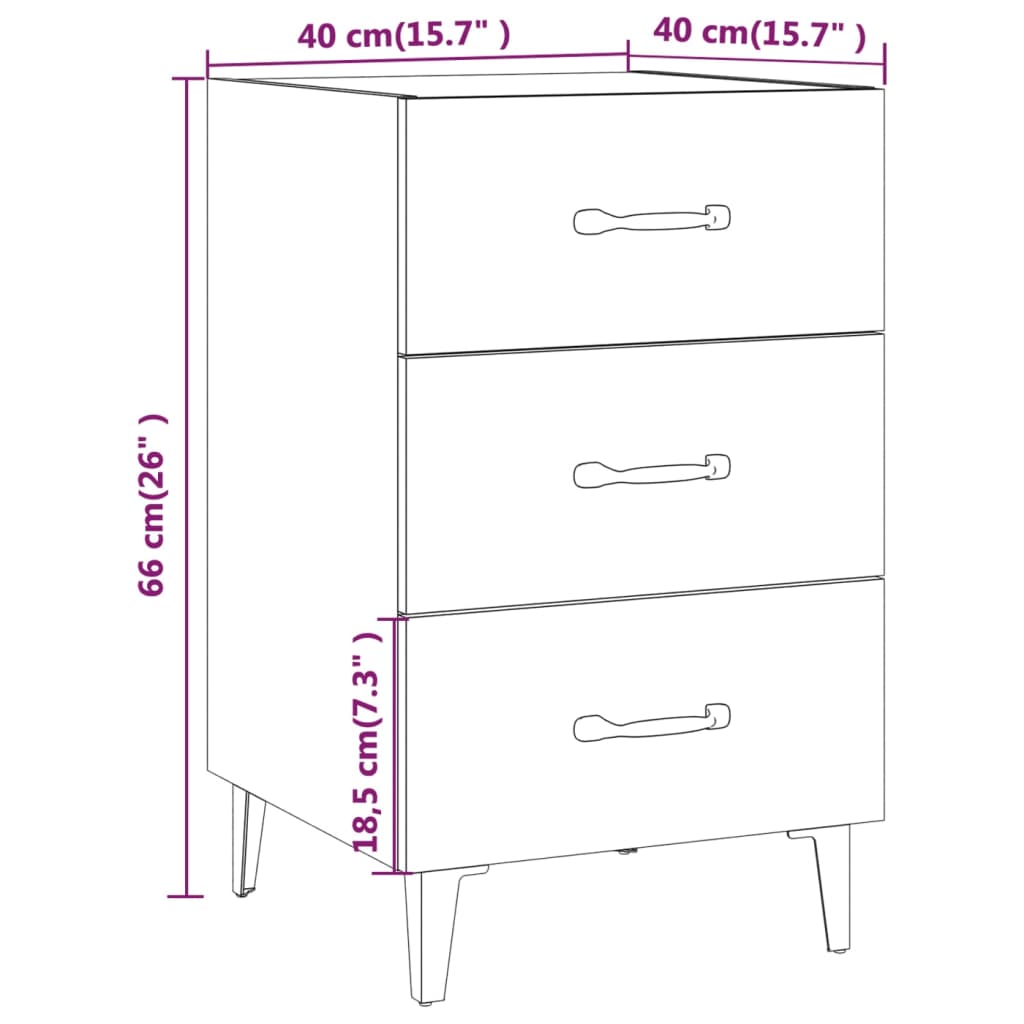 Dimensions of white bedside cabinet 40x40x66 cm with 3 drawers, made of quality engineered wood, affordable and easy to clean.