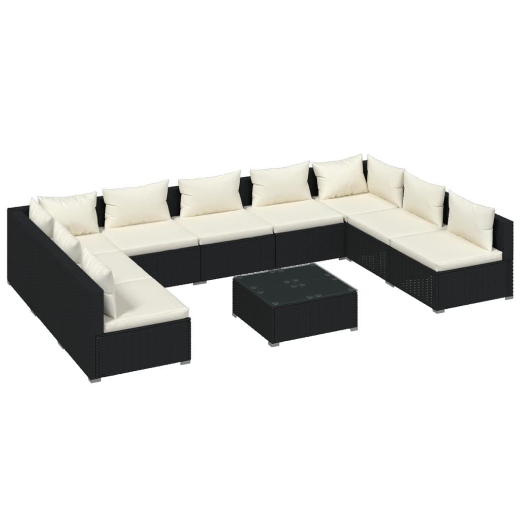 10 Piece Garden Lounge Set with Cushions Poly Rattan Black