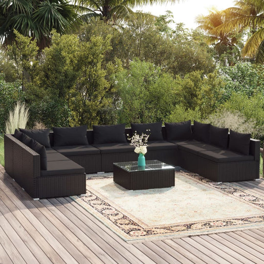 10 Piece Garden Lounge Set with Cushions Poly Rattan Black