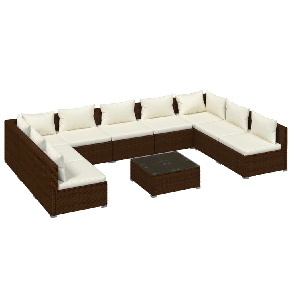 10 Piece Garden Lounge Set with Cushions Poly Rattan Brown