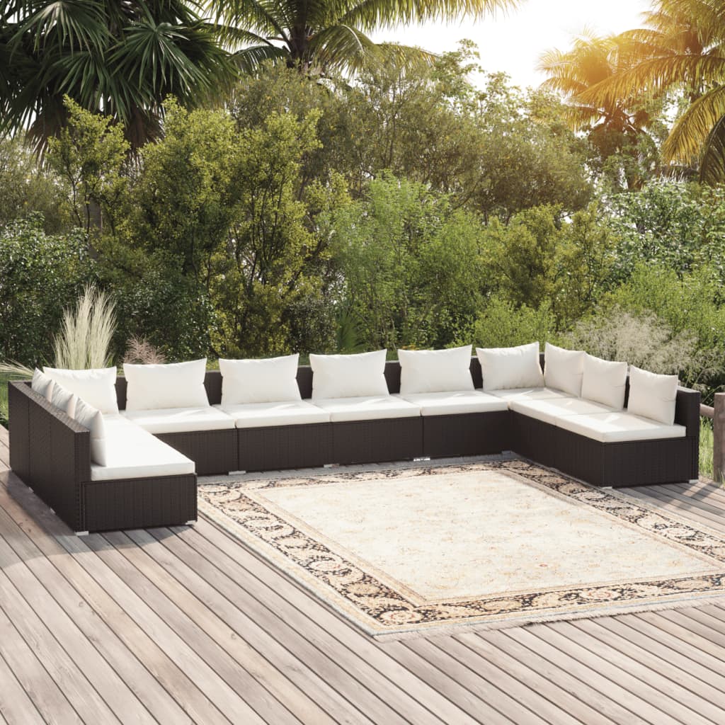 10 Piece Garden Lounge Set with Cushions Poly Rattan Black