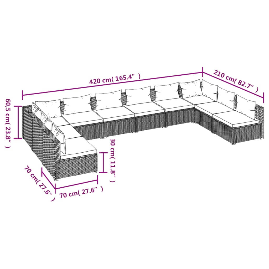 10 Piece Garden Lounge Set with Cushions Poly Rattan Grey