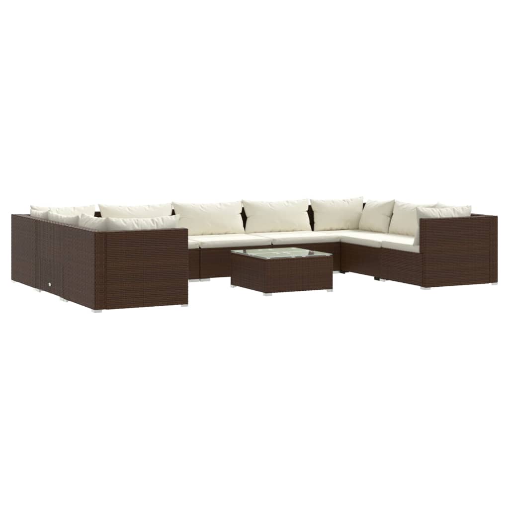 10 Piece Garden Lounge Set with Cushions Poly Rattan Brown