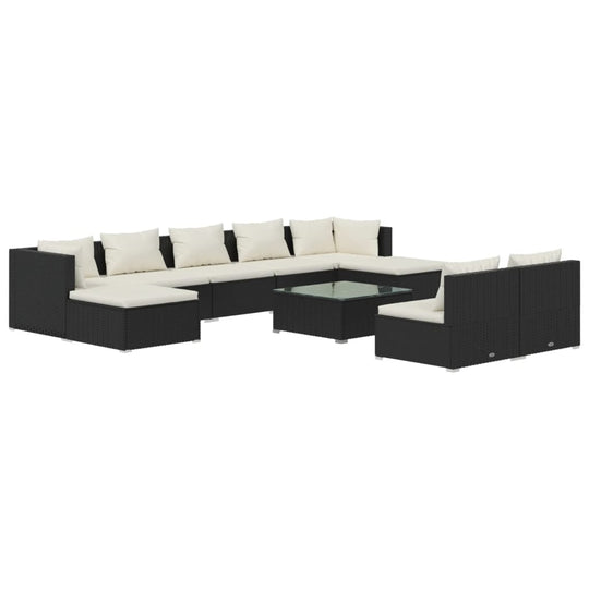 10 Piece Garden Lounge Set with Cushions Black Poly Rattan