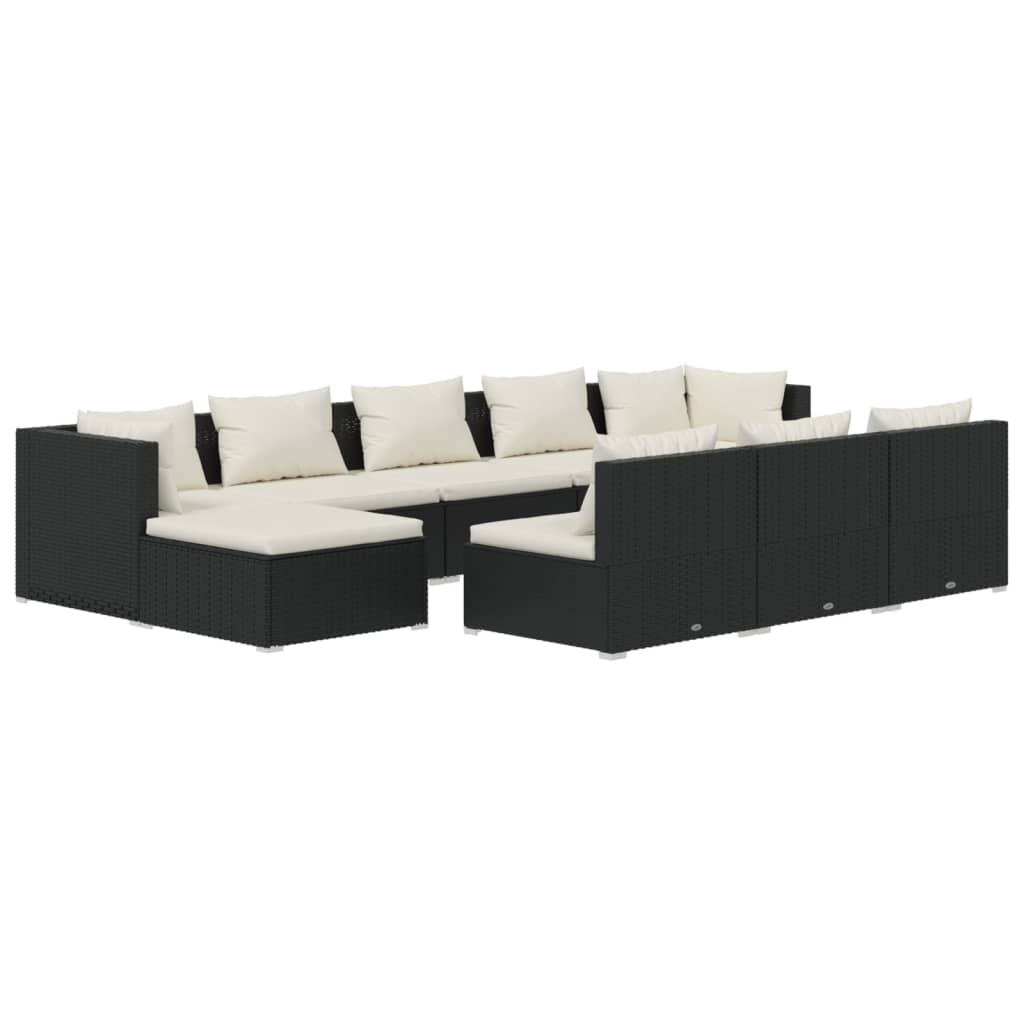 10 Piece Garden Lounge Set with Cushions Black Poly Rattan