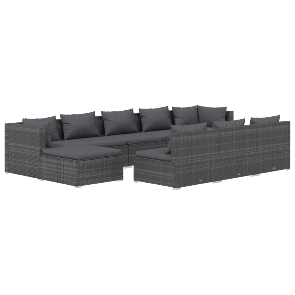 10 Piece Garden Lounge Set with Cushions Grey Poly Rattan