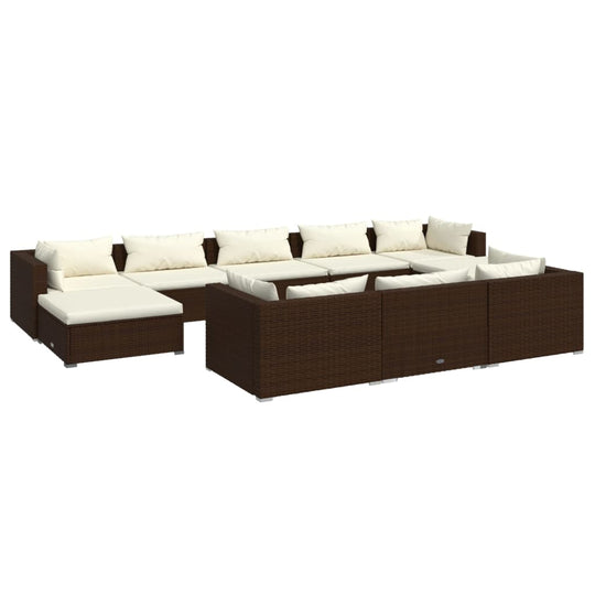 10 Piece Garden Lounge Set with Cushions Brown Poly Rattan