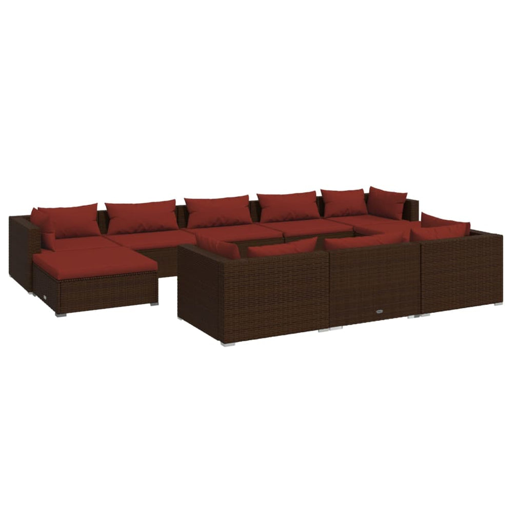 10 Piece Garden Lounge Set with Cushions Brown Poly Rattan