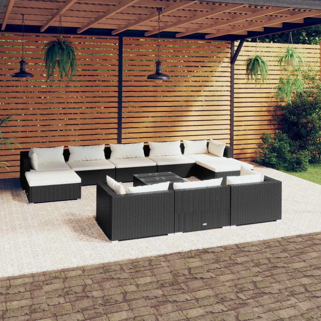 11 Piece Garden Lounge Set with Cushions Black Poly Rattan