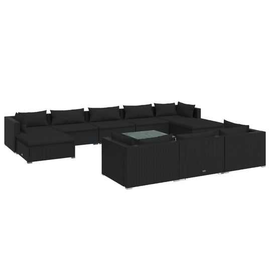 11 Piece Garden Lounge Set with Cushions Black Poly Rattan