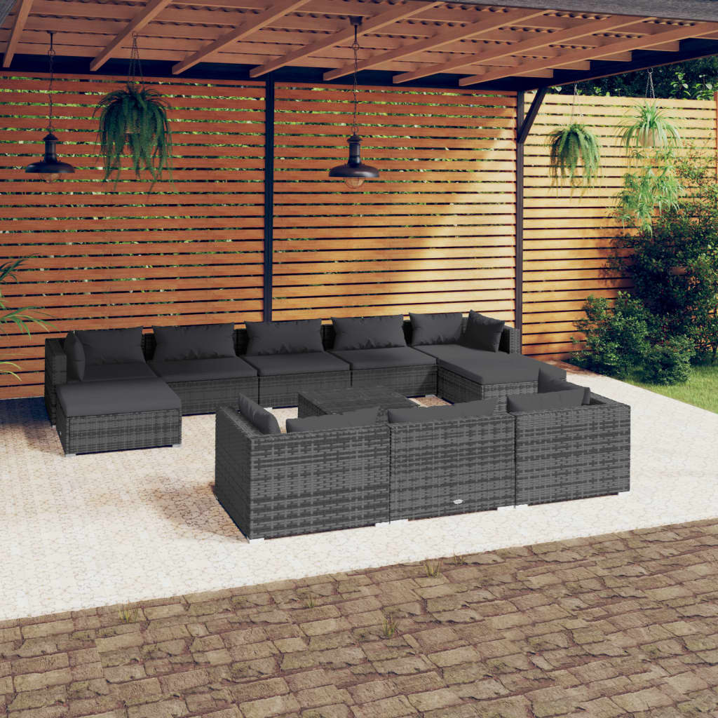 11 Piece Garden Lounge Set with Cushions Grey Poly Rattan