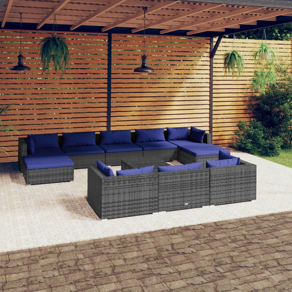 11 Piece Garden Lounge Set with Cushions Grey Poly Rattan