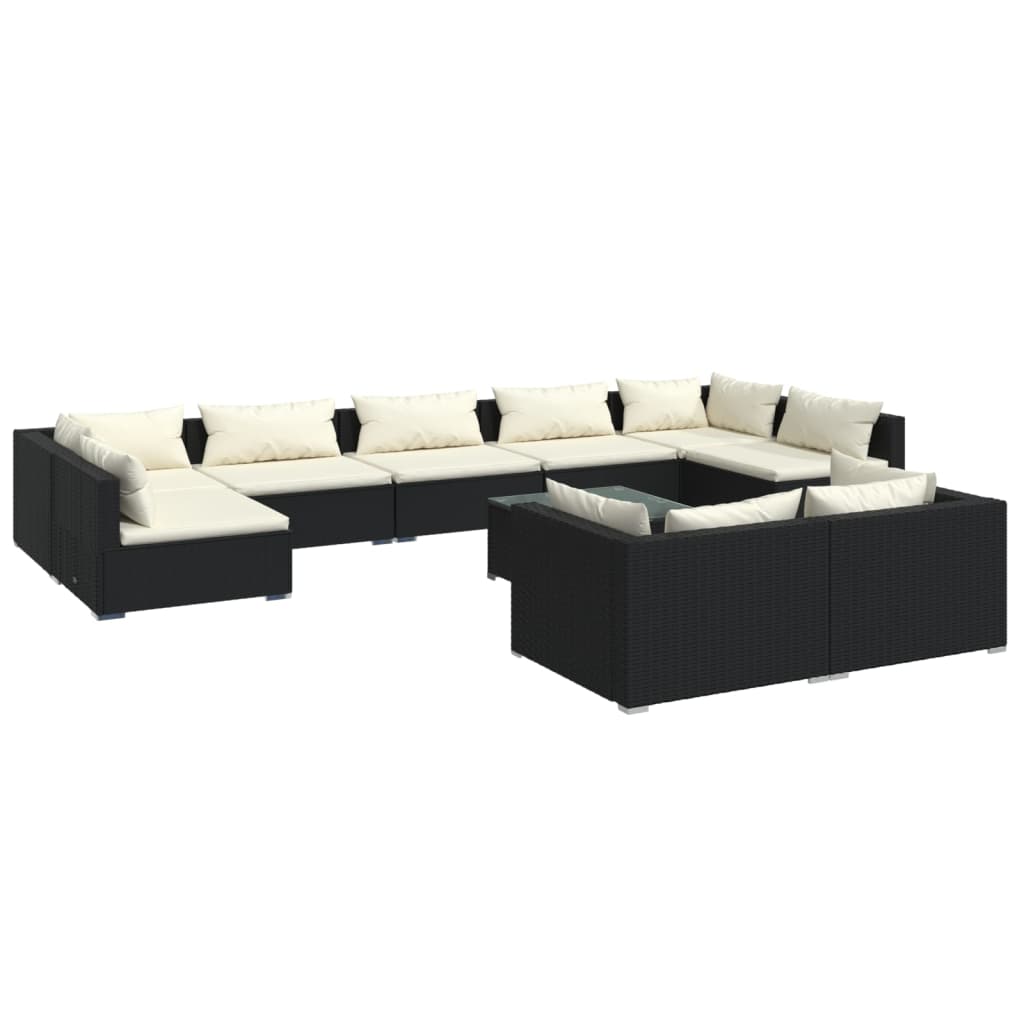 10 Piece Garden Lounge Set with Cushions Black Poly Rattan