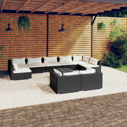 10 Piece Garden Lounge Set with Cushions Black Poly Rattan