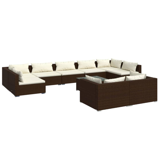 10 Piece Garden Lounge Set with Cushions Brown Poly Rattan