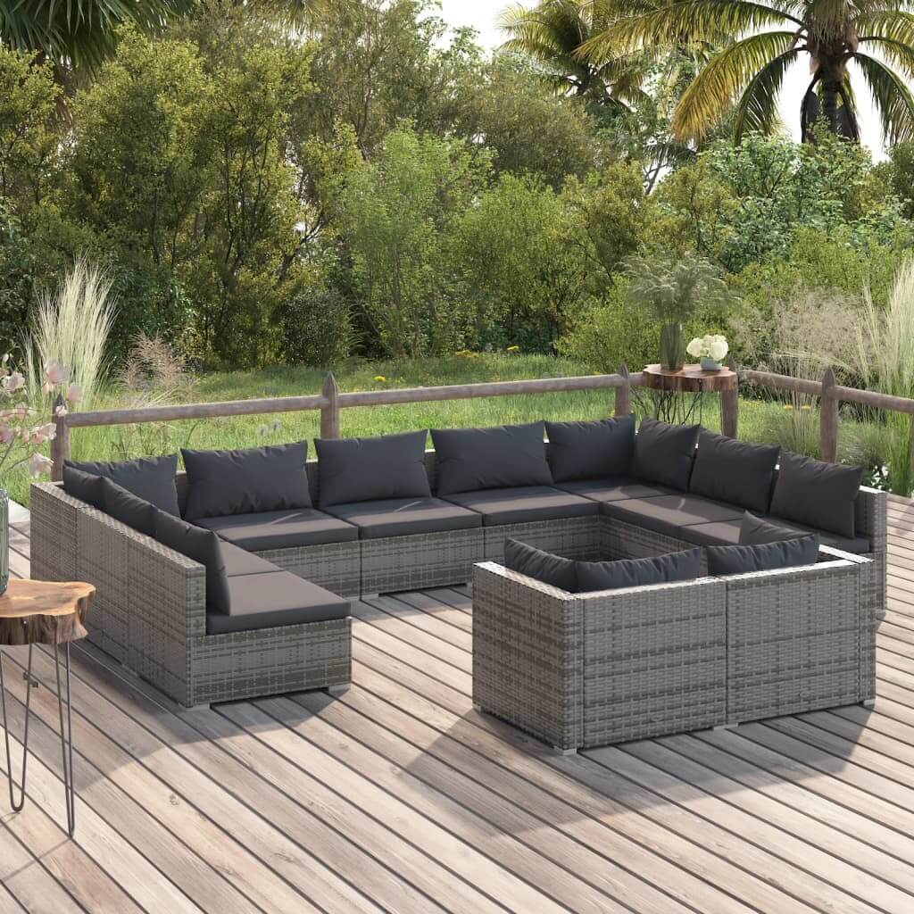 11 Piece Garden Lounge Set with Cushions Grey Poly Rattan