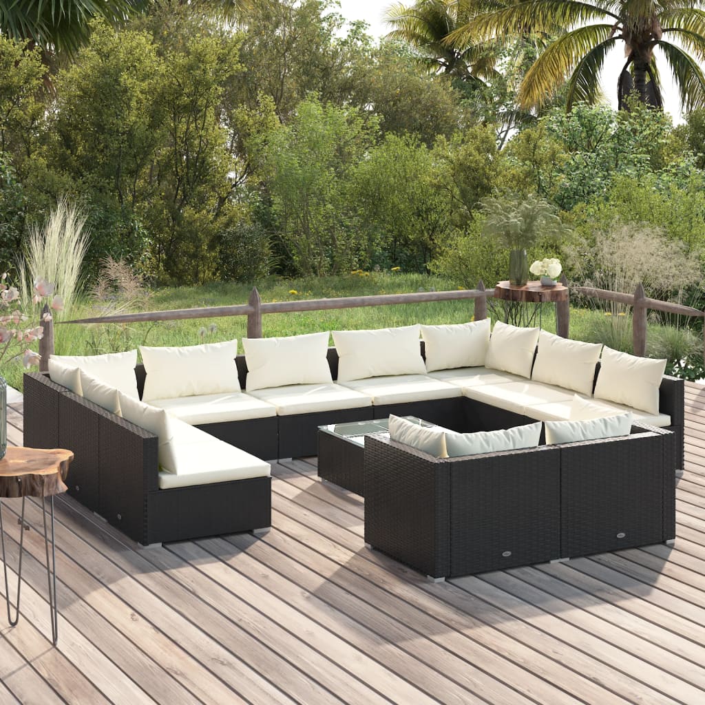 12 Piece Garden Lounge Set with Cushions Black Poly Rattan