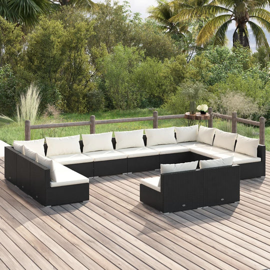 12 Piece Garden Lounge Set with Cushions Black Poly Rattan