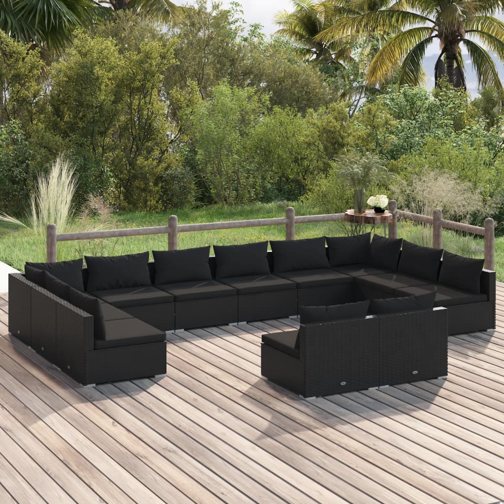 12 Piece Garden Lounge Set with Cushions Black Poly Rattan